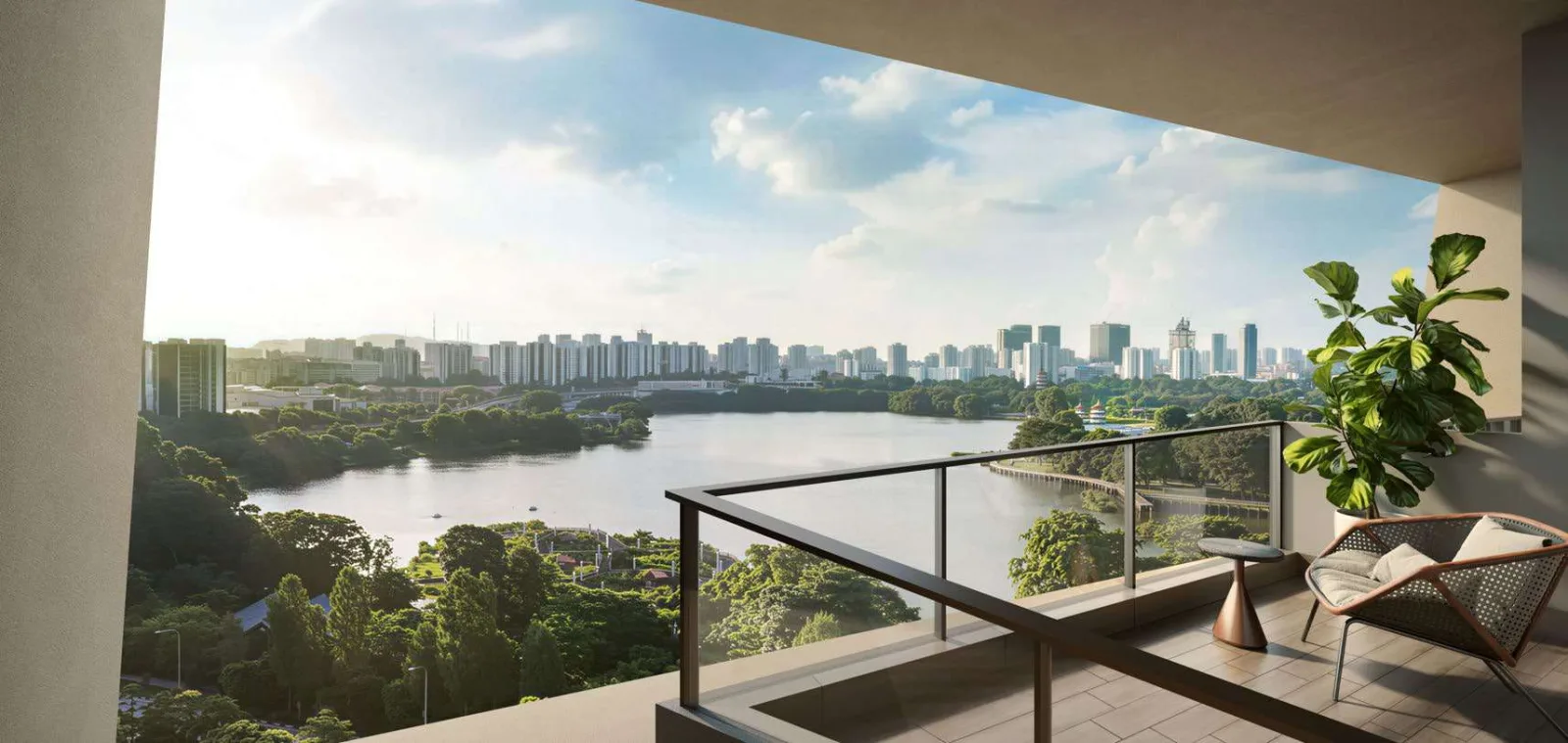 Artist's impression of the view over Jurong Lake Gardens from a balcony